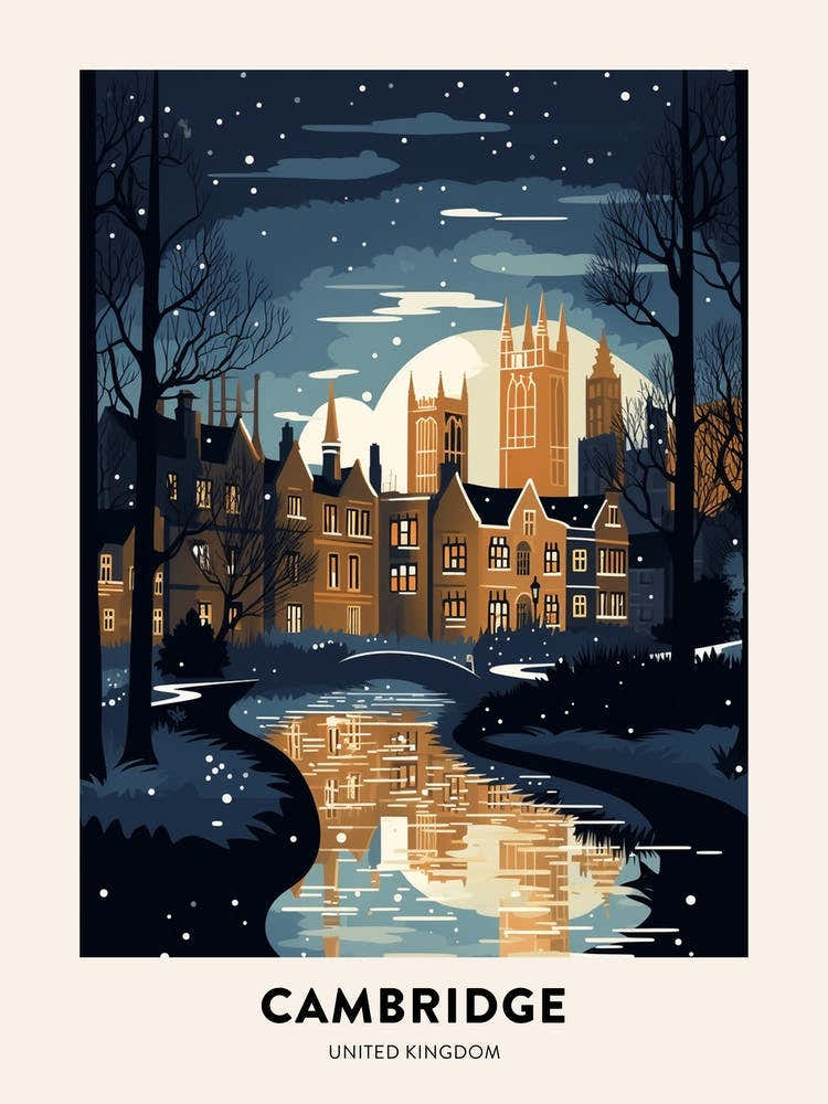 Winter Night Travel Poster Cambridge United Kingdom 2