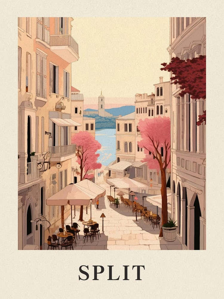 Split Croatia 1 Vintage Pink Travel Illustration Poster
