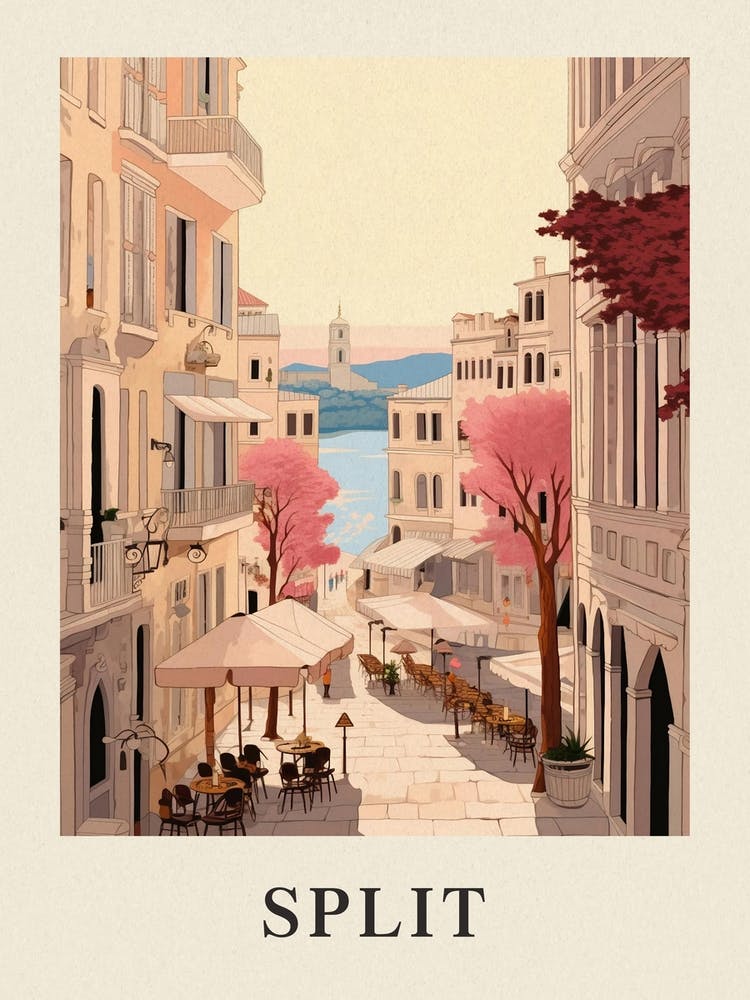 Split Croatia 1 Vintage Pink Travel Illustration Poster