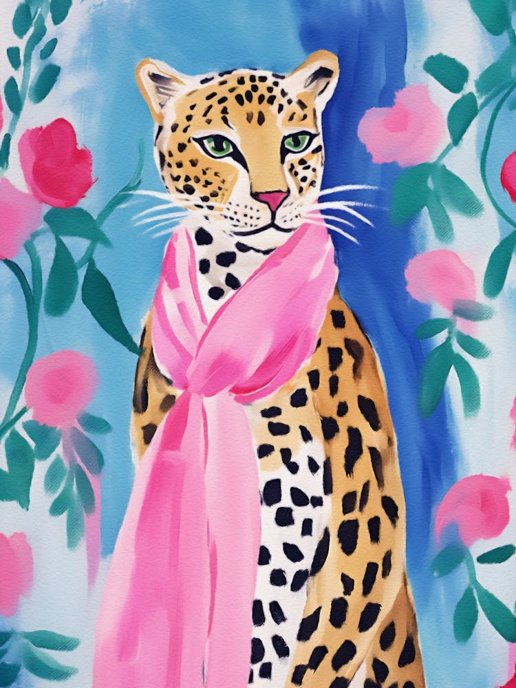 Leopard im rosa Schal Aquarellmalerei