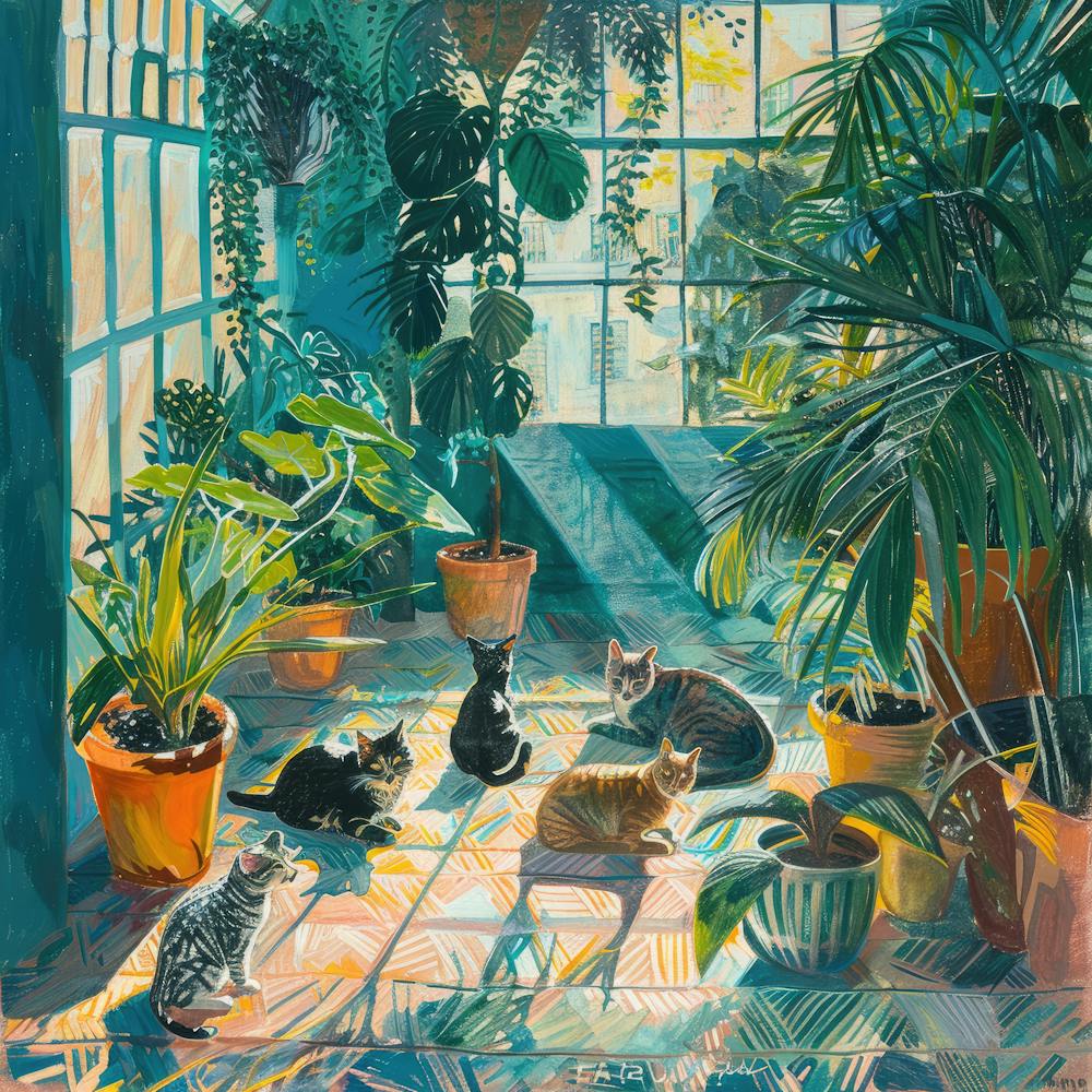 David Hockney Style. Cats in Sunlit Conservatory Series 3