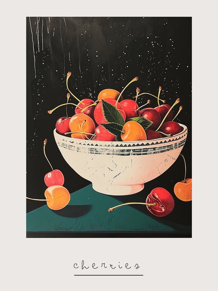 Art Deco Cherries In A Bowl Poster
