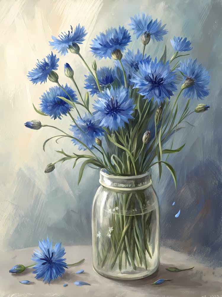 Blue Cornflowers in a Mason Jar Oil Painting Style