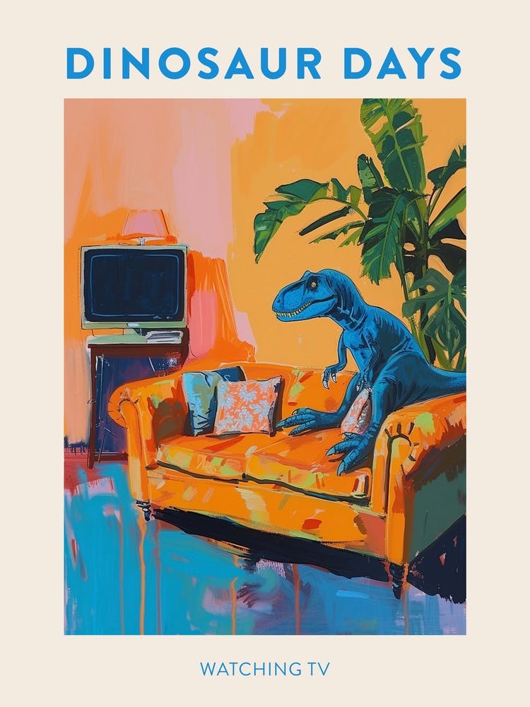 Dinosaur Watching Tv Blue Mustard Poster 3