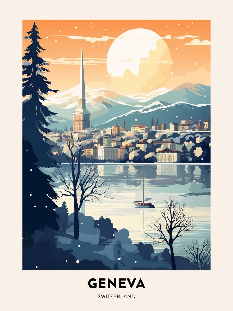 Winternacht Reiseposter Genf Schweiz 1