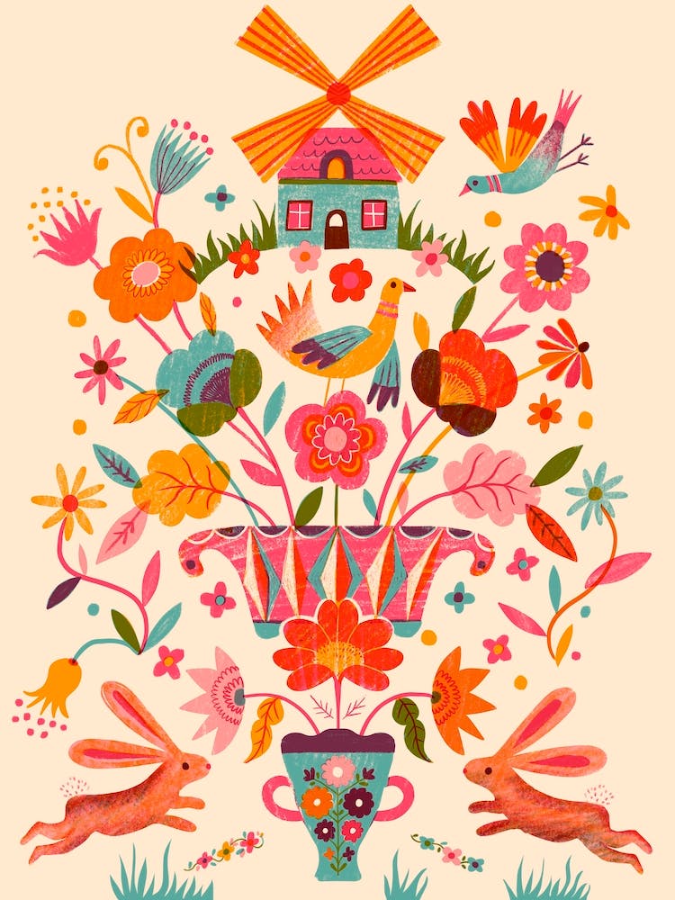 Folk Art Flower Bird Bouquet