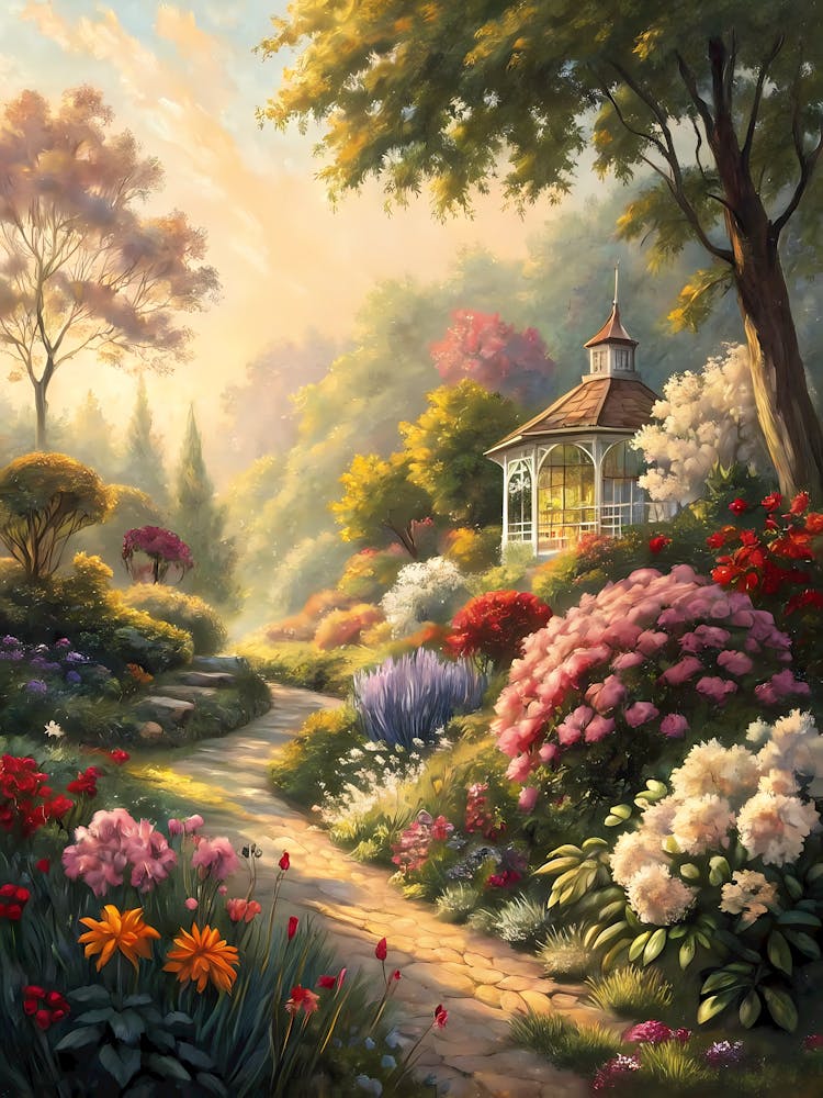 A Digital Garden with Shimmering Light Oil Painting Style