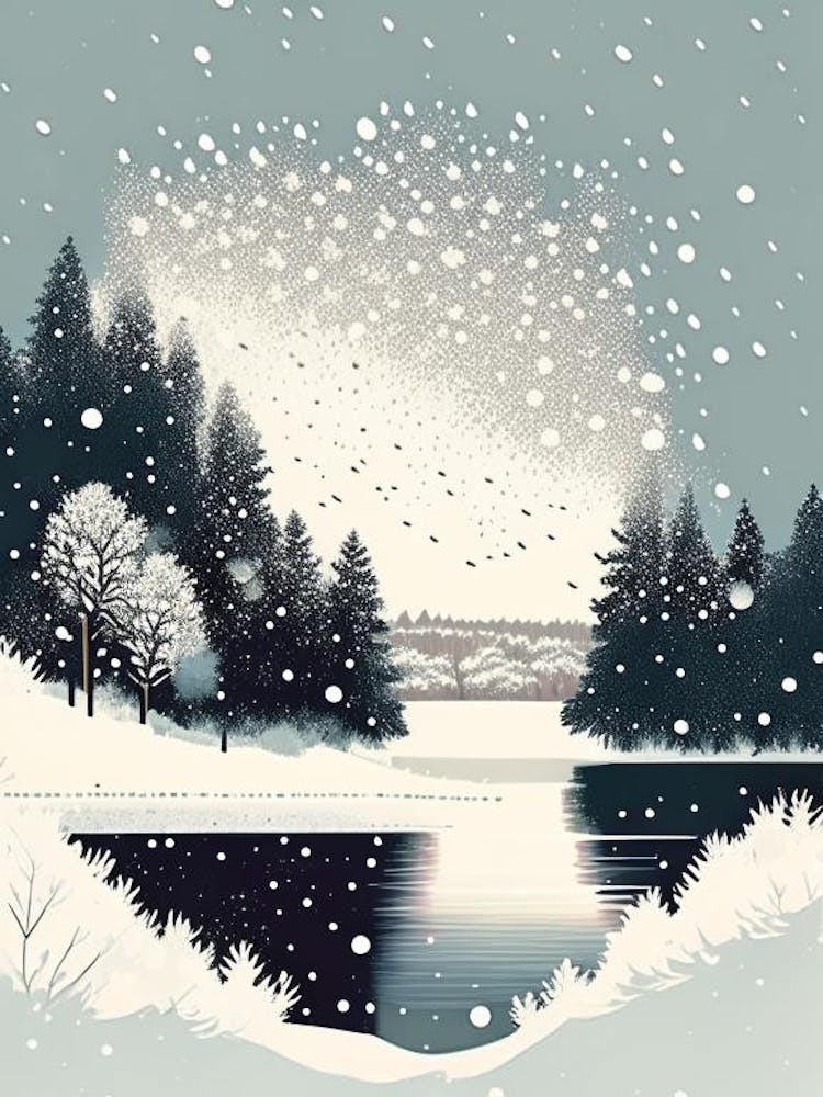 Snowflakes Falling By A Lake, Snowflakes, Retro Drawing 1