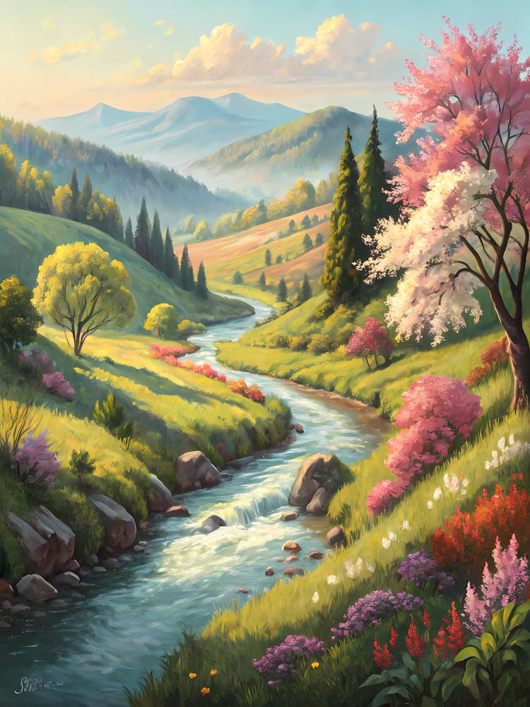 Paysage Printanier Pittoresque Style Peinture à l'Huile