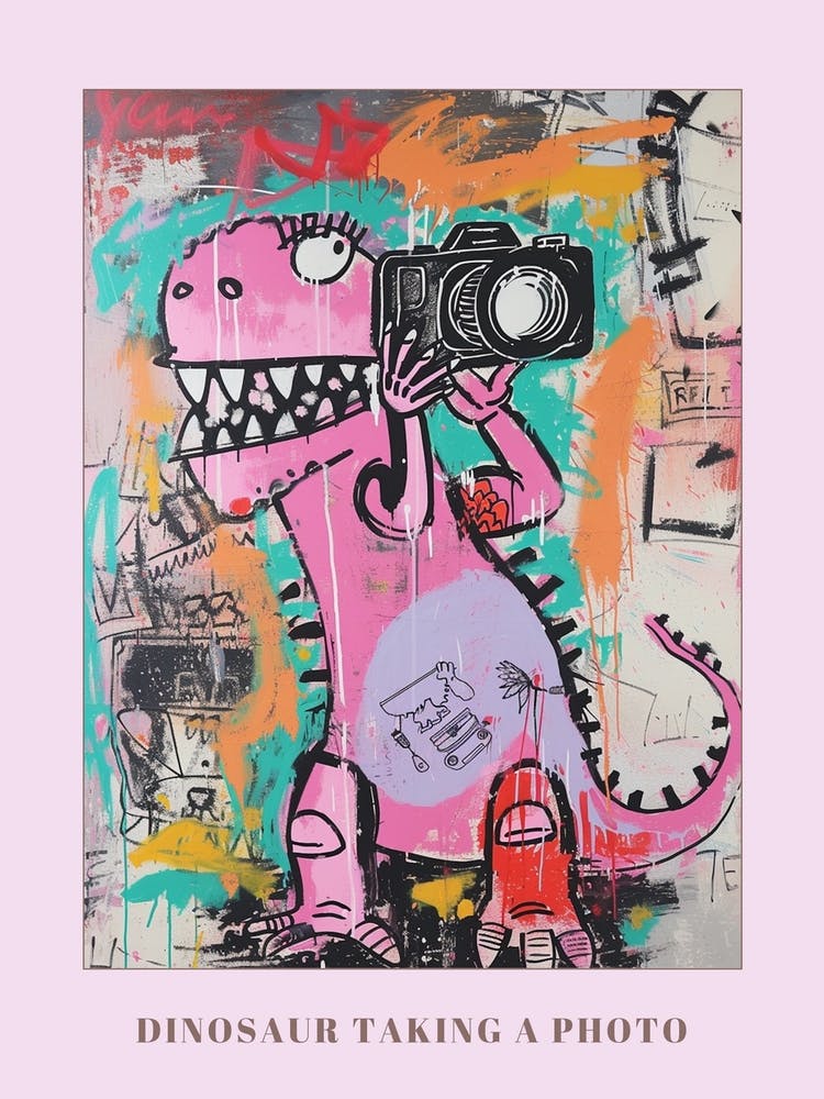 Dinosaur Taking A Photo Pink Graffiti Brushstroke Poster