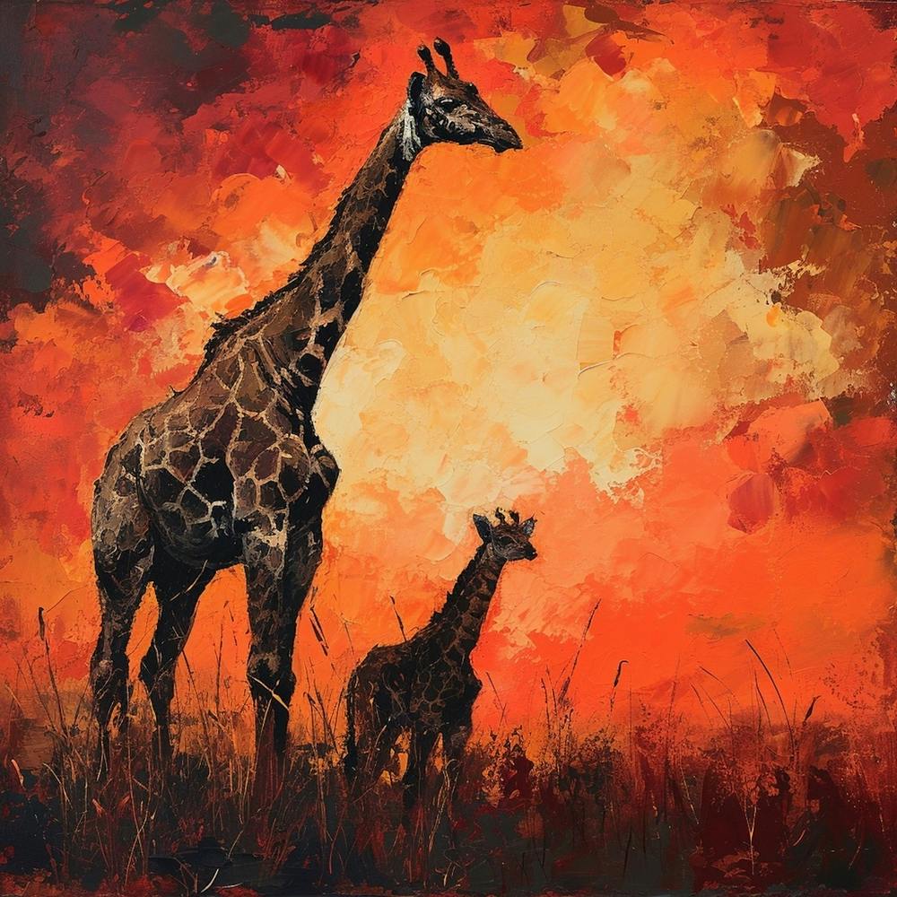 Giraffe & Calf In The Sunset Red Brushstrokes 3