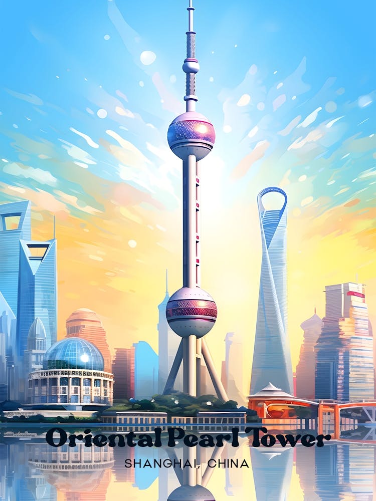 Oriental Pearl Tower Shanghai China Watercolor Travel Art Illustration