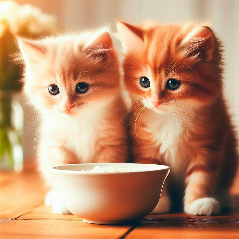 Two Adorable Kittens Eating From A Bowl, Sharing A Moment Of Curiosity And Tenderness