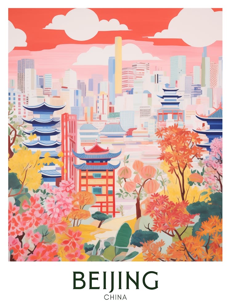 Beijing, China - Affiche de Voyage Maximaliste - Couleurs Vibrantes
