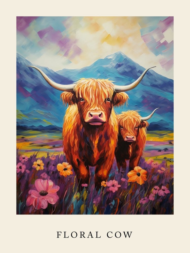 Colourful Floral Highland Cows Impressionism Style