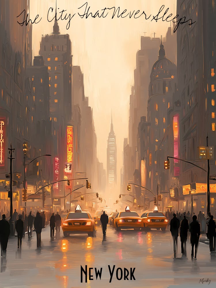 City Just Never Sleeps, minimalistische Palette sanfter Töne, Aquarellposter