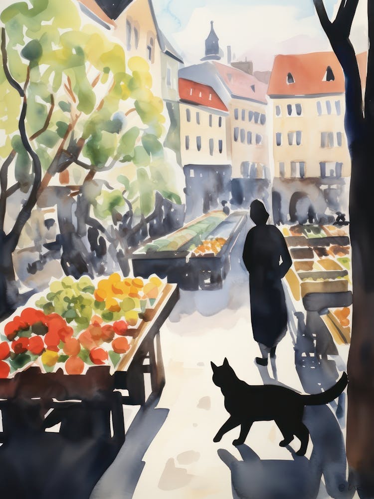 Lebensmittelmarkt mit Katzen in Oslo 3 Aquarell