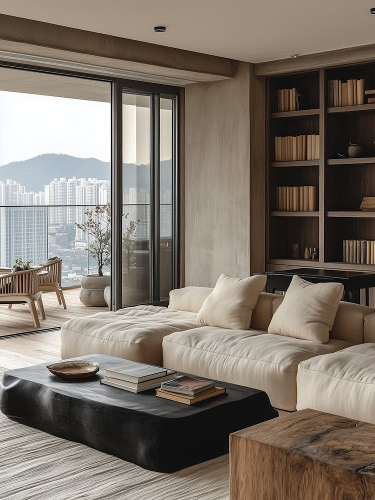 A Cozy Living Room With Wooden Furniture A White