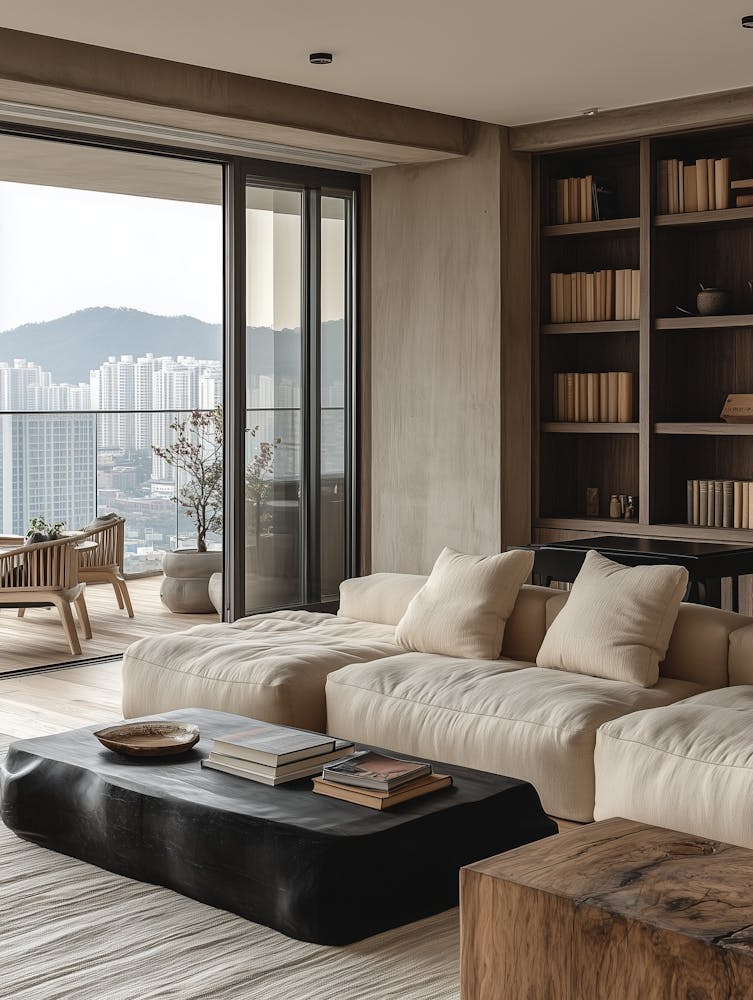 A Cozy Living Room With Wooden Furniture A White