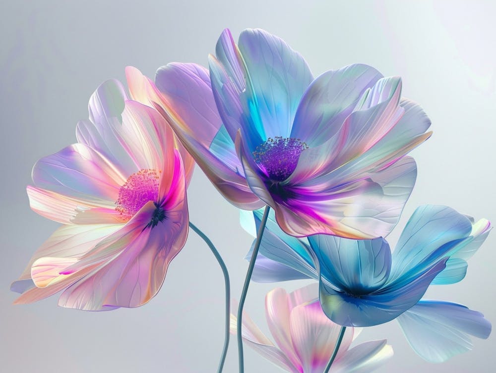 Riesige irisierende Blumen, die aus einer weißen Wand hervorkommen, Vorderansicht, Behance