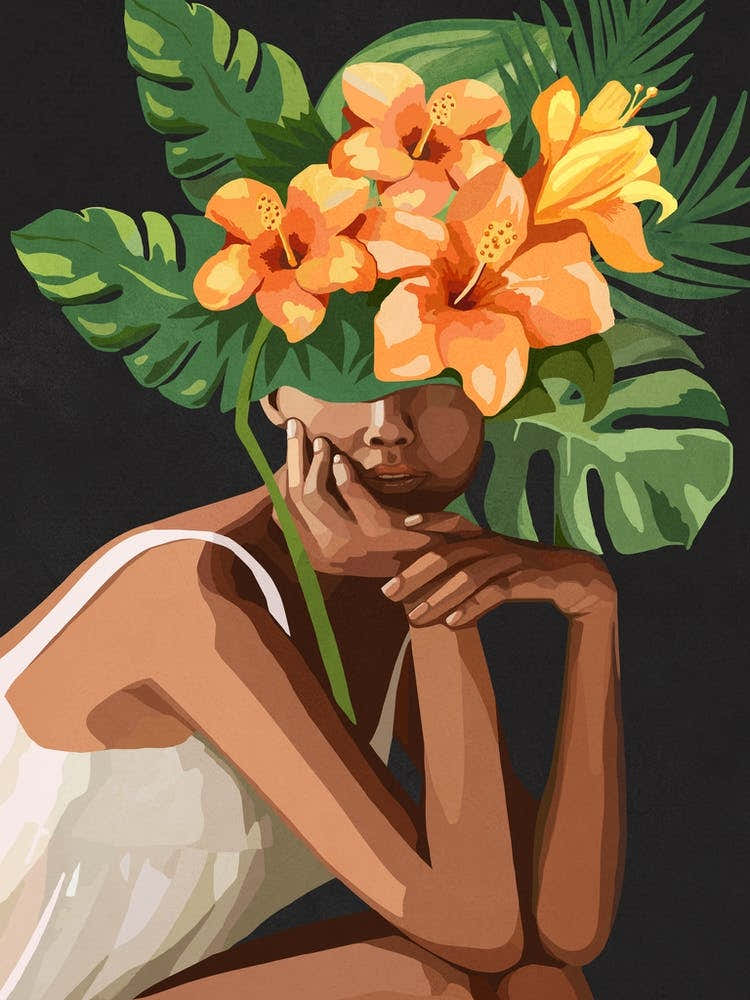 Woman with tropical flowers and leaves on the head 2