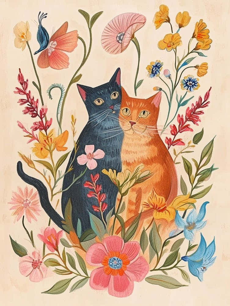 Folksy Floral Animal Drawing Cat 11