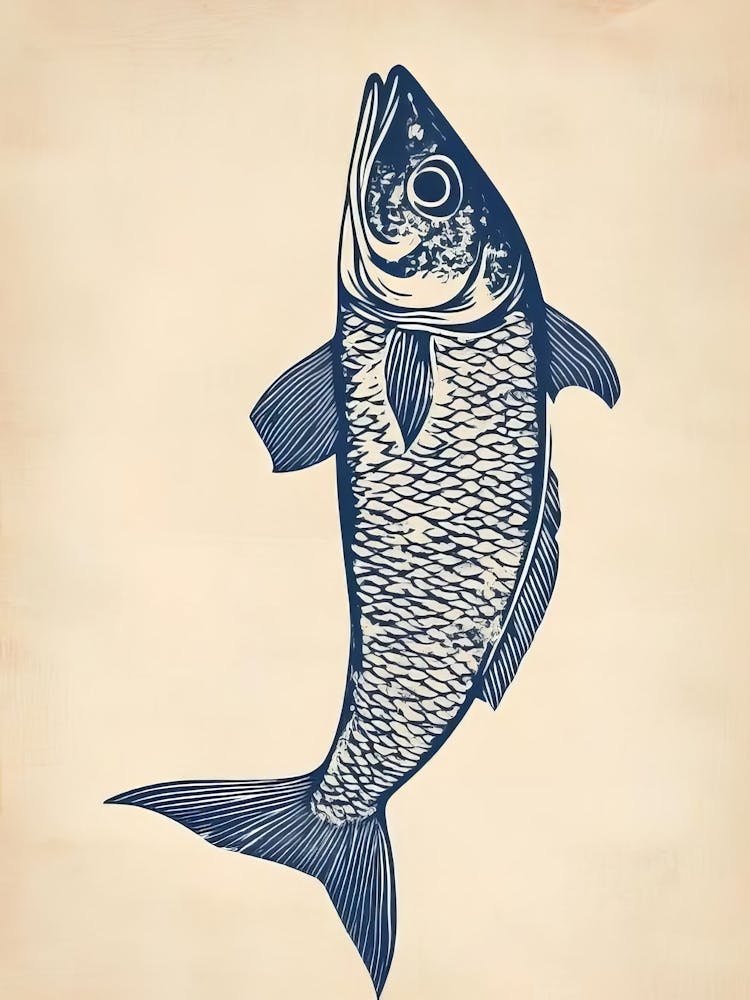 Herring Print Linocut Vintage Poster Retro Herring Wall Art Fish Print Eclectic Wall Art Colorful Kitchen Art Herring Mackerel Print Sardine