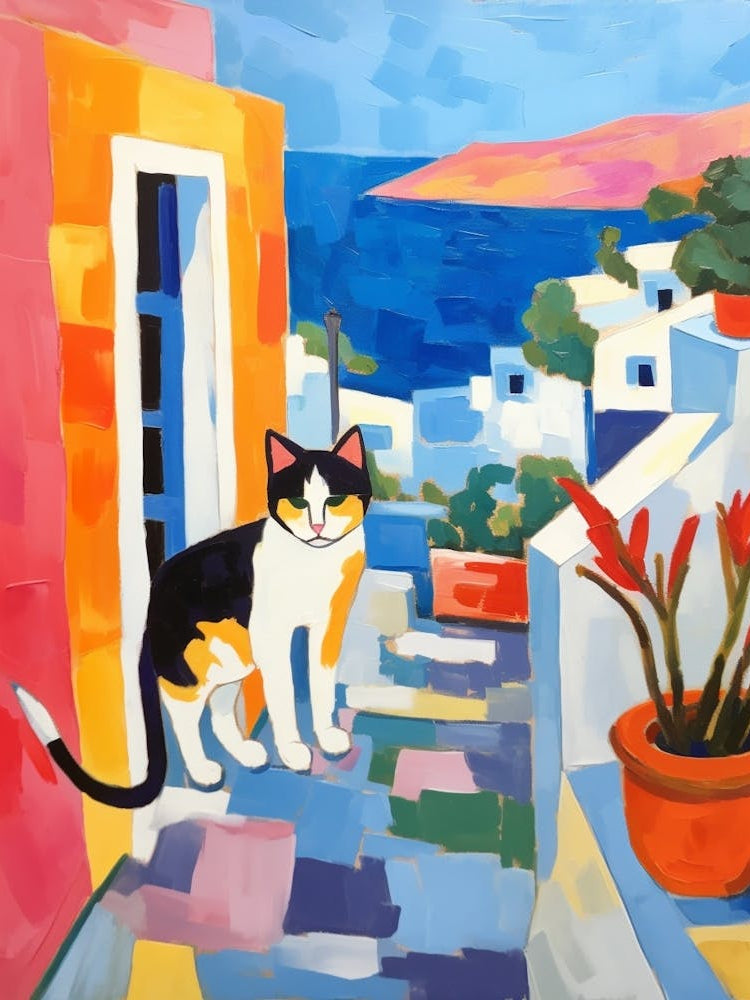 Painting Of A Cat In Santorini Greece 3