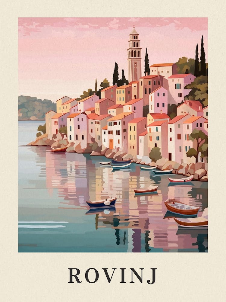 Rovinj Croatia 2 Vintage Pink Travel Illustration Poster