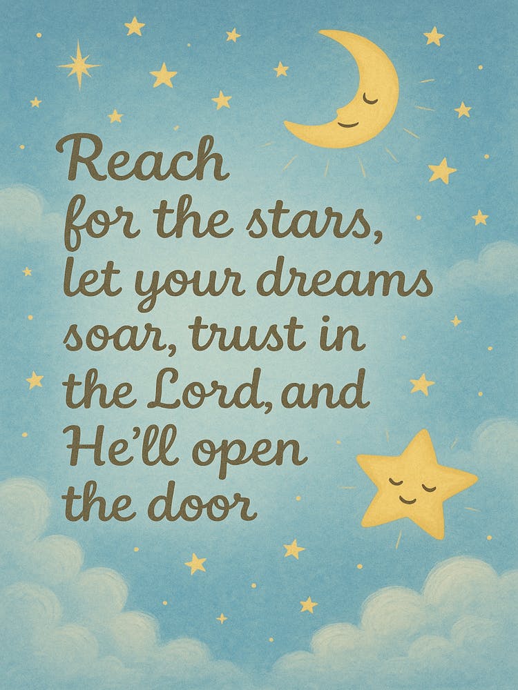 Reach for the Stars - Christian Nursery Wall Art, Moon and Star Print, Inspirational Bible Verse for Kids, Dream Big Poster