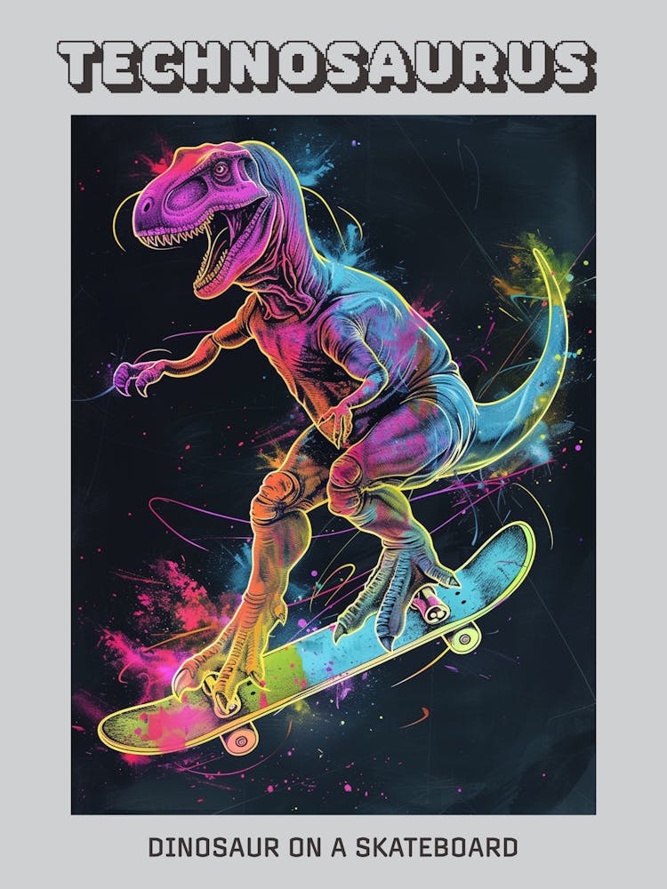 Neon Dinosaur Line Illustration On A Skateboard 2 Poster
