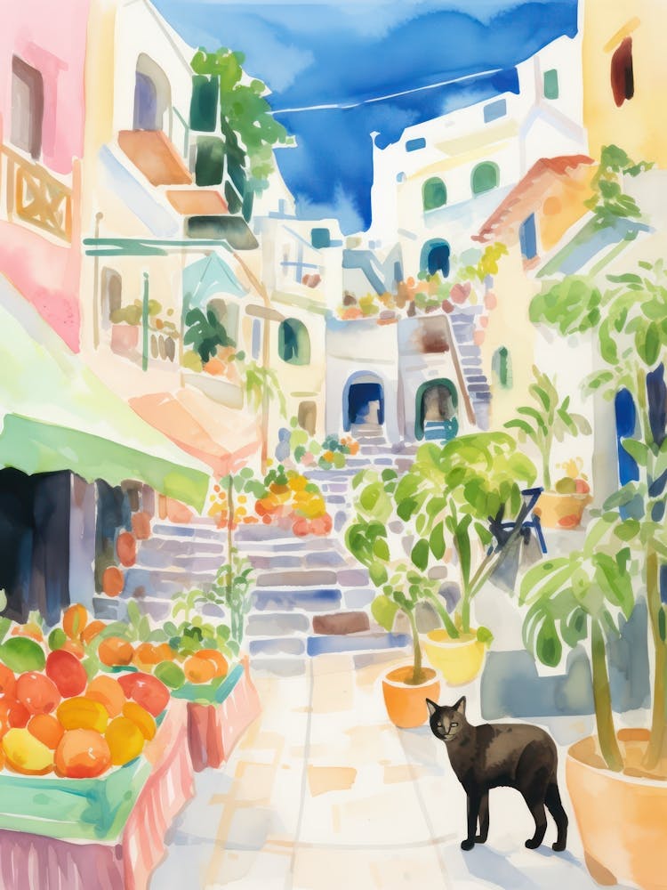 Food Market With Cats In Santorini 4 Watercolour