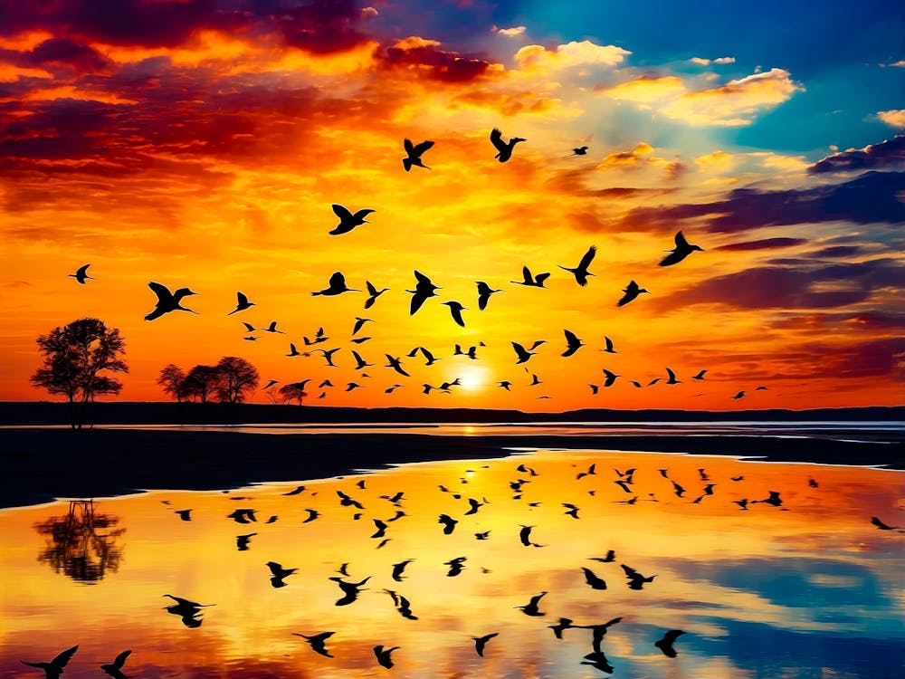 Birds In Flight At Sunset