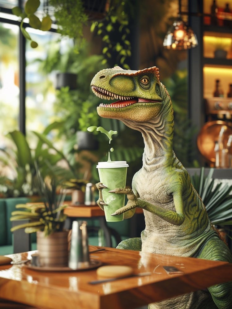 Dinosaur Drinking A Matcha Latte Retro Abstract Collage 2