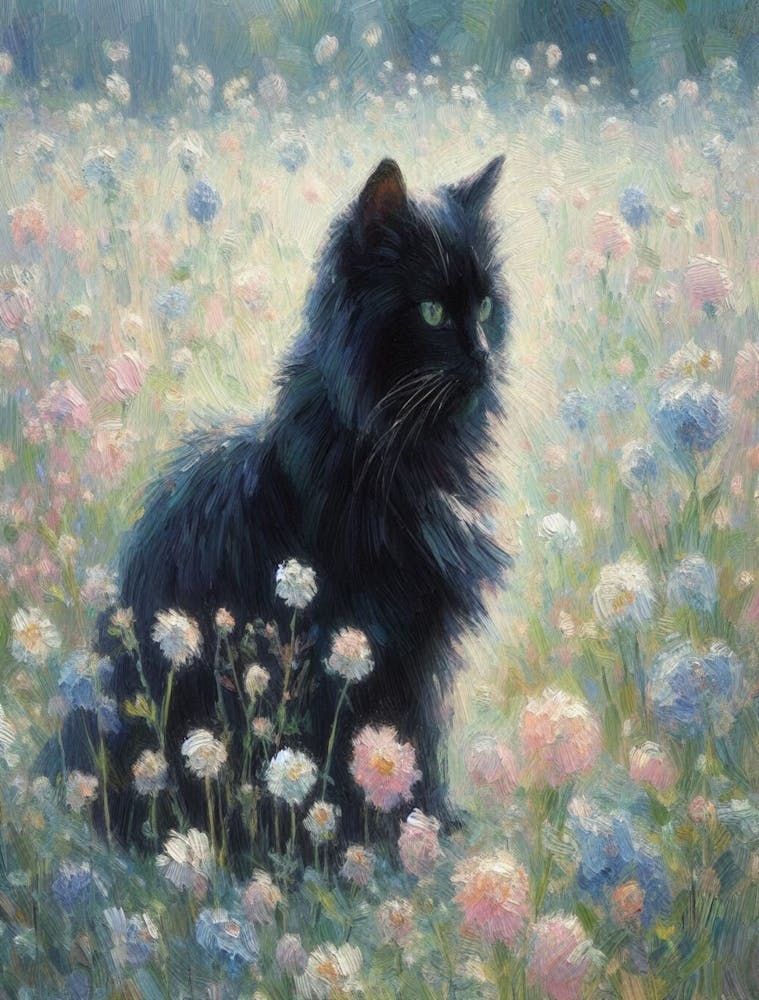 Black Cat In A Flower Field