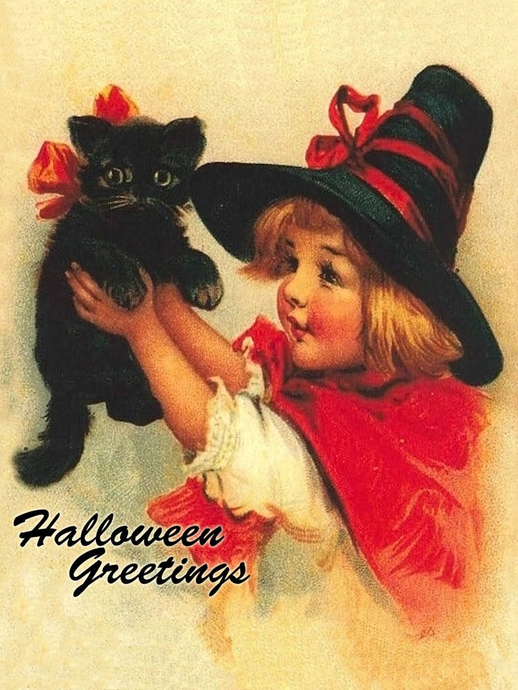Halloween Greetings, Witch Girl With A Black Cat