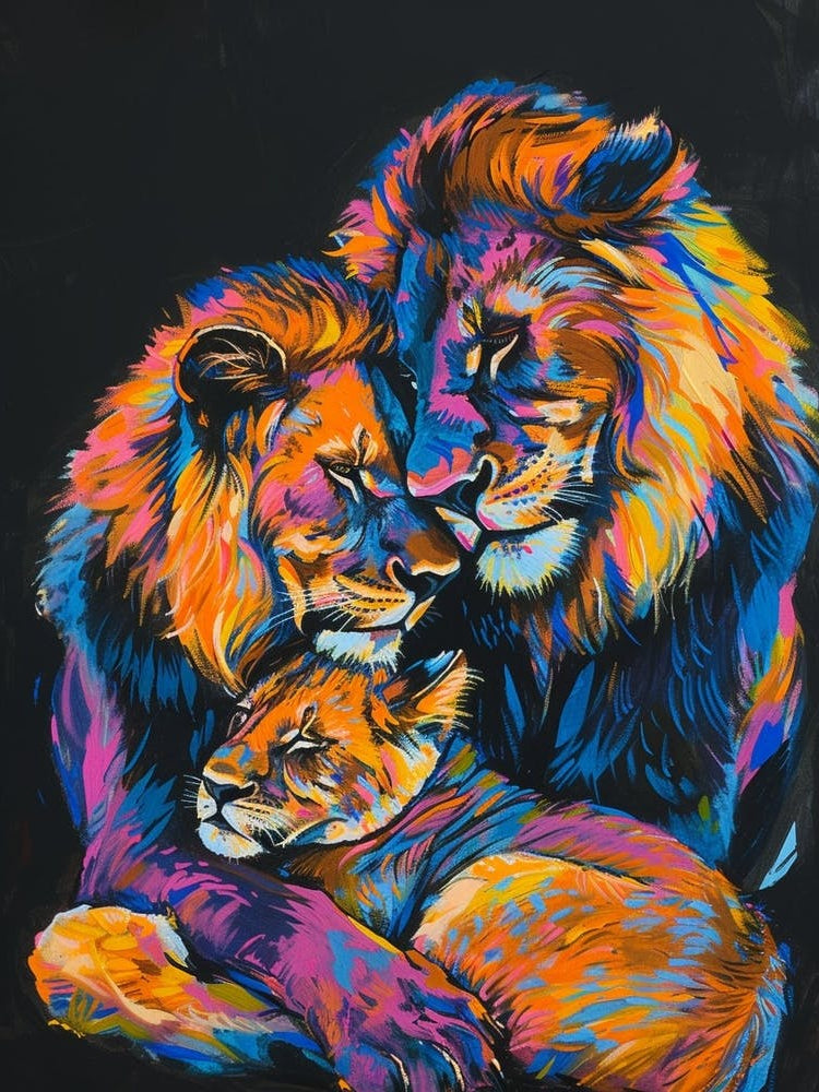 Black Lion Family Bonding Fauvist Painting 1