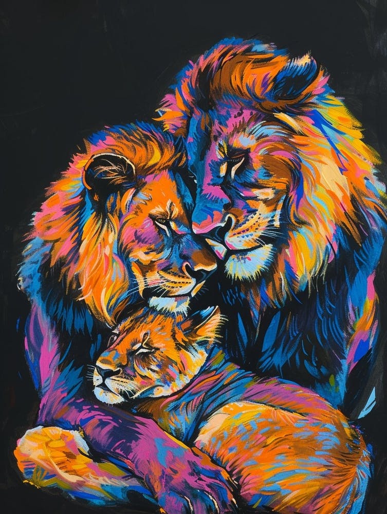 Black Lion Family Bonding Fauvist Painting 1