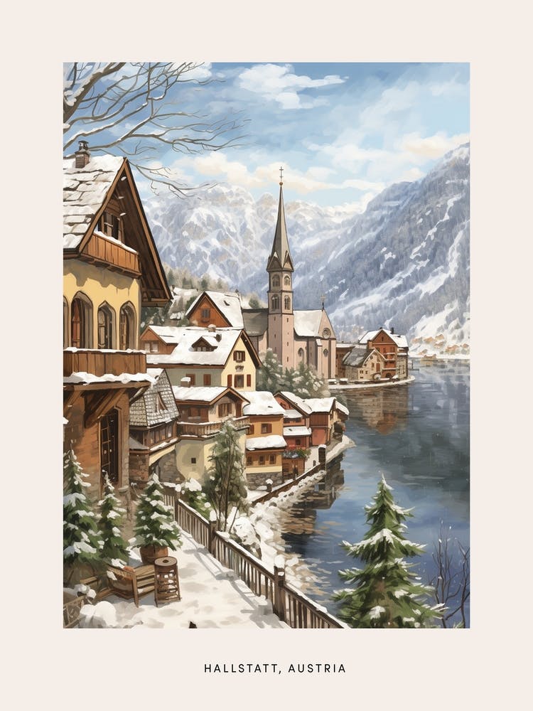 Affiche d'Hiver Vintage Hallstatt Autriche 1