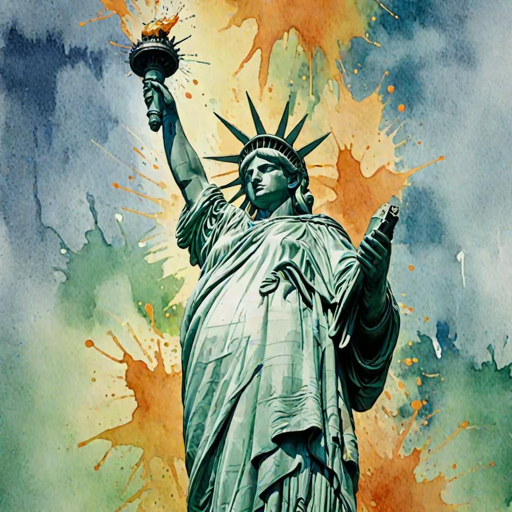 Water Colored Painting Of A Statue Of Liberty Water Color Spray 32k Resolution 3749314597