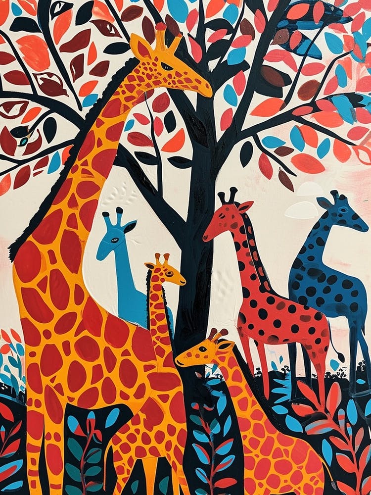 Cute Giraffe Herd Under The Trees Illustration 6