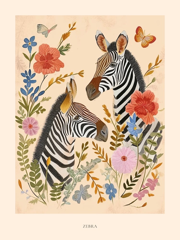 Folksy Floral Animal Drawing Zebra 3 Poster