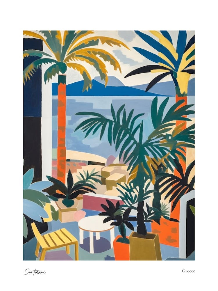 Santorini Greece Matisse Style 1 Watercolour Travel Poster