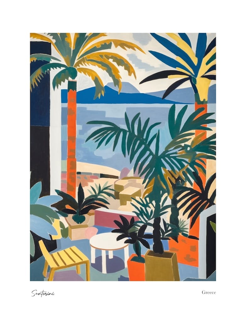 Santorini Greece Matisse Style 1 Watercolour Travel Poster