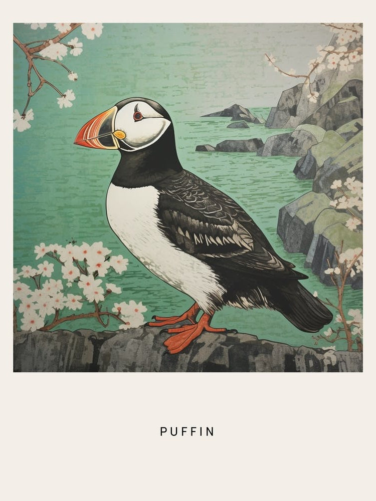 Ohara Koson Inspired Bird Painting Puffin 3 Poster