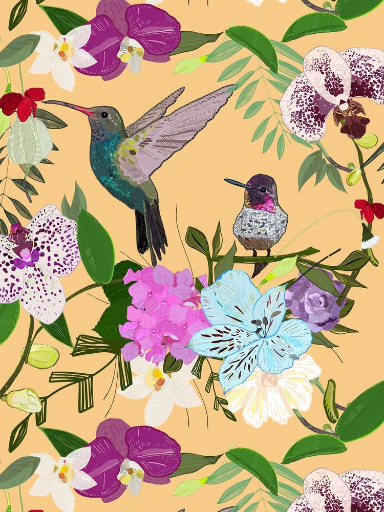 Orchid, Alstromerias And Cute Humming Birds Pattern