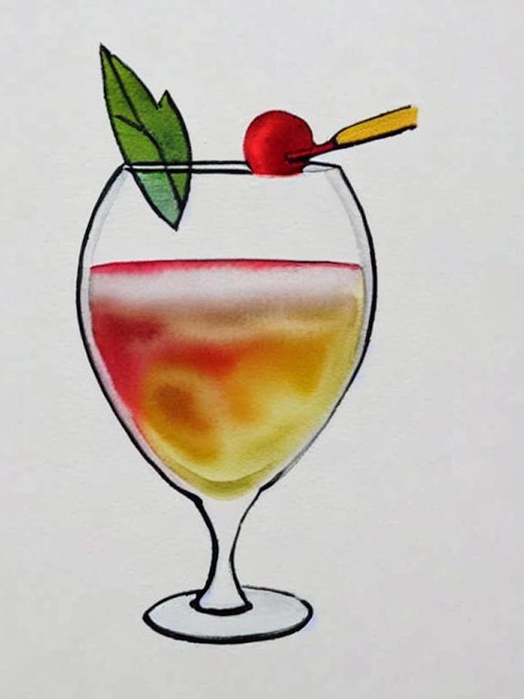 French MCocktail Poster artini Minimal Line Drawing With Watercolour Cocktail Poster