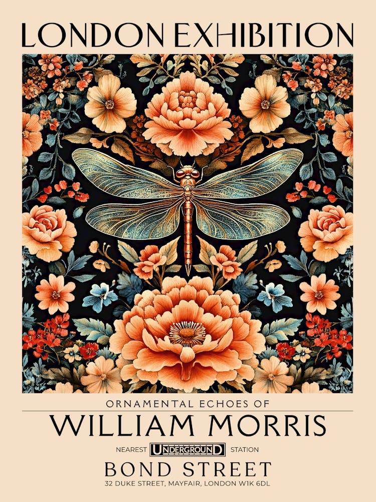 William Morris - Œuvre Libellule et florale, motif insectes et fleurs, impression botanique vintage pour décor cottagecore, maximaliste, tapisserie florale, illustration nature victorienne, décor vintage chambre 27