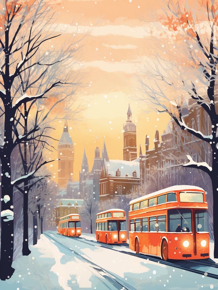 Winter Travel Night Illustration London United Kingdom 4