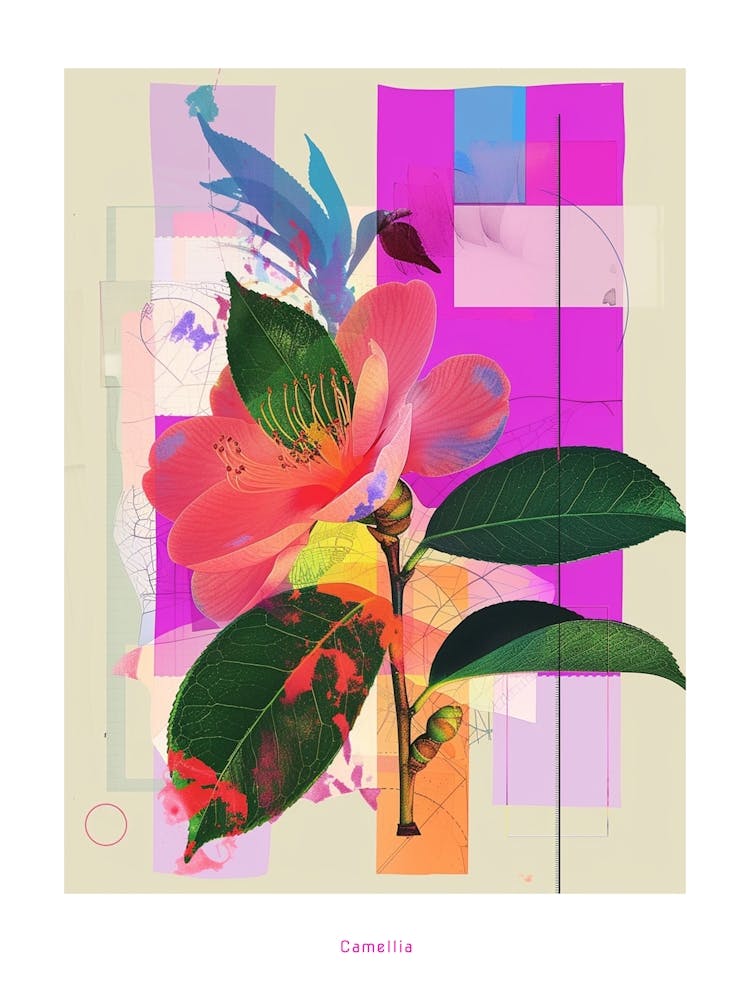 Camellia 3 Neon Flower Collage Poster